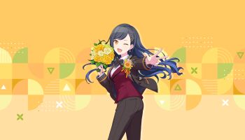 1girl ;d black_bow black_bowtie black_hair black_jacket black_pants blue_hair bouquet boutonniere bow bowtie breasts collared_shirt colorful_palette flower game_cg gradient_hair hair_ornament hairclip highres holding holding_bouquet jacket junpaku_no_anata_e_chikai_no_uta_wo!_(project_sekai) multicolored_hair official_alternate_costume official_art one_eye_closed open_clothes open_jacket open_mouth orange_eyes pants project_sekai red_vest shiraishi_an shirt smile solo star_(symbol) star_hair_ornament third-party_source tongue triangle vest white_shirt yellow_background yellow_flower