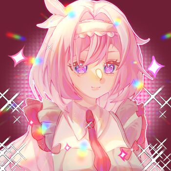 1girl breasts chinese_commentary commentary_request dress elysia_(honkai_impact) hairband honkai_(series) honkai_impact_3rd large_breasts long_hair looking_at_viewer necktie pink_hair purple_background purple_eyes red_necktie smile solo sparkle sparkling_aura upper_body very_long_hair white_dress white_hairband yingjingxue90662