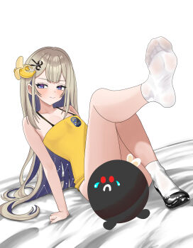 1girl absurdres amanogawa_shiina arm_support banana bed_sheet black_shoes blonde_hair blush breasts closed_mouth collarbone colored_inner_hair commentary convenient_censoring english_commentary eyelashes feet food foot_focus foot_up fruit full_body hair_ornament highres ivan_ramirez knees_together_feet_apart legs long_hair looking_to_the_side multicolored_hair no_pants no_shoes phase_connect purple_eyes purple_hair scissors_hair_ornament shirt shoes sidelocks simple_background single_shoe sitting sleeveless sleeveless_shirt small_breasts smile socks soles solo toes very_long_hair virtual_youtuber white_background white_socks