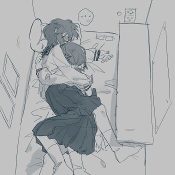 2girls blush closed_eyes electrical_outlet ezier greyscale highres hug indoors monochrome multiple_girls original pleated_skirt ponytail school_uniform serafuku skirt socks spoken_blush yuri