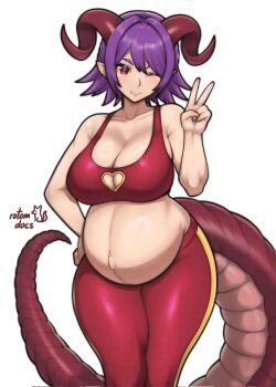 1girl artist_logo blush breasts cleavage cleavage_cutout clothing_cutout commentary curled_horns dragon_horns dragon_tail english_commentary fang hair_between_eyes hand_on_own_hip heart_cutout highres horns large_breasts logo medium_hair midriff original pants pointy_ears pregnant purple_hair red_pants red_sports_bra rotomdocs signature simple_background skin_fang solo sports_bra tail white_background yoga_pants