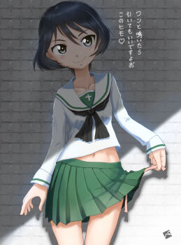1girl absurdres adjusting_clothes adjusting_panties against_wall arm_at_side black_eyes black_hair black_neckerchief blush bob_cut breasts brick_wall closed_mouth clothes_lift collarbone commentary_request cowboy_shot girls_und_panzer green_skirt hair_between_eyes head_tilt highres holding holding_string kainushi lifting_own_clothes long_sleeves looking_at_viewer midriff midriff_peek miniskirt navel neckerchief ooarai_school_uniform panties pink_panties pleated_skirt sailor_collar school_uniform serafuku shadow shirt short_hair side-tie_panties skirt skirt_lift small_breasts smile solo standing string teasing translated underwear utsugi_yuuki white_sailor_collar white_shirt