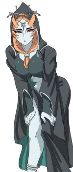 Rule 34 | 1girl, ankleband, bare legs, black skin, blue skin, breasts, colored sclera, colored skin, commentary request, eyeshadow, front ponytail, grey skin, highres, hood, jewelry, leaning forward, long hair, looking at viewer, makeup, midna, midna (true), multicolored skin, nasu (ilo a5), navel, neon trim, nintendo, open mouth, orange hair, purple eyeshadow, purple lips, red eyes, solo, the legend of zelda, the legend of zelda: twilight princess, two-tone skin, white background, yellow sclera