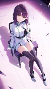 1girl black_hair goryoukaku_shion green_eyes highres long_hair looking_at_viewer netarrow shinkalion_(series) sitting smile thighhighs