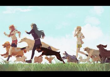 3girls ^_^ absurdres bike_shorts bike_shorts_under_shorts black_bow black_dog black_leggings blonde_hair borzoi bow braid brown_dog brown_hair bulldog clenched_hands closed_eyes cloud commentary_request dobermann dog english_cocker_spaniel from_side fujita_kotone gakuen_idolmaster golden_retriever golden_rose grass green_hair hair_bow hair_flaps hanami_saki highres idolmaster leggings leggings_under_shorts letterboxed looking_ahead looking_at_another multiple_dogs multiple_girls outdoors papillon_(dog) pomeranian_(dog) poodle profile red_shorts running schnauzer shorts smile sweat too_many too_many_dogs tsukimura_temari twin_braids twintails white_dog workout_clothes yellow_shorts yokoya_inori