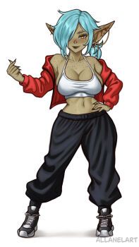 1girl allanel artist_name black_pants black_shoes body_freckles breasts crop_top ear_piercing earrings female_goblin finger_heart freckles full_body goblin grey_hair hair_over_one_eye highres jacket jewelry large_breasts long_hair navel open_clothes open_jacket original pants piercing pointy_ears red_jacket shirt shoes simple_background smile standing white_background white_shirt yellow_eyes