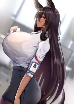 1girl animal_ears ass black_bra black_hair black_skirt blurry blurry_background bra bra_visible_through_clothes breasts brown_eyes chomikuplus closed_mouth commentary_request dark_skin dress_shirt gigantic_breasts hair_between_eyes highres horse_ears horse_girl horse_tail huge_breasts lanyard long_hair looking_at_viewer office_lady original shirt sidelocks sideways_glance skirt smile solo standing tail tan underwear very_long_hair white_shirt