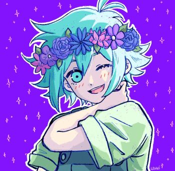 1boy antenna_hair artist_name basil_(headspace)_(omori) basil_(omori) blue_overalls blush colored_skin double-parted_bangs flower flower_wreath green_eyes green_hair green_shirt hair_between_eyes head_wreath highres lenni_(ok_rent_6955) looking_at_viewer male_focus omori one_eye_closed open_mouth overalls shirt short_hair short_sleeves sidelocks smile solo teeth upper_body upper_teeth_only white_skin