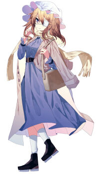 1girl absurdres bag belt black_belt black_shoes blonde_hair buttons closed_mouth coat collared_dress dress eyepatch hair_between_eyes hat highres holding holding_bag long_dress long_sleeves maribel_hearn medium_hair mob_cap muraryo one_eye_covered purple_dress purple_eyes scarf shoes sleeve_cuffs sleeve_garter smile socks solo standing standing_on_one_leg tachi-e touhou white_background white_hat white_socks