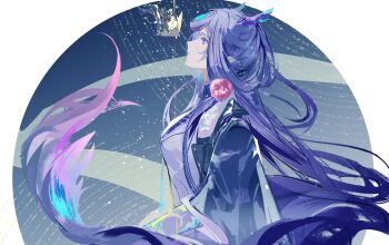 Rule 34 | 1girl, absurdres, arknights, black jacket, commentary request, dragon girl, dragon horns, dragon tail, dress, earrings, floating hair, from side, highres, horns, jacket, jewelry, jun (arknights), lantercat, long hair, looking up, open clothes, open jacket, parted lips, pointy ears, pom pom (clothes), pom pom earrings, purple hair, simple background, solo, tail, upper body, very long hair, white dress