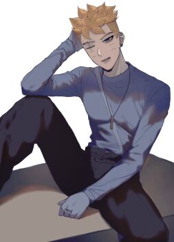 Rule 34 | 1boy, alternate costume, black pants, blonde hair, blue eyes, blue gloves, blue shirt, boruto: two blue vortex, earrings, facial mark, gloves, hand on own head, high-waist pants, ifevilwhyuhot, jewelry, long sleeves, male focus, naruto (series), necklace, one eye closed, pants, ring, shirt, sitting, solo, spread legs, undercut, uzumaki boruto, whisker markings