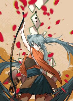 Rule 34 | 1girl, absurdly long hair, archery, arm up, blue eyes, blue hair, blue hakama, blurry, blurry background, bow (weapon), brown background, chiko (berry), contrapposto, covered mouth, cowboy shot, floating hair, gloves, hakama, hakama short skirt, hakama skirt, hanging scroll, hatsune miku, highres, holding, holding bow (weapon), holding weapon, japanese clothes, kimono, kyuudou, long hair, looking at viewer, mani mani, manimani (vocaloid), motion blur, muneate, orange kimono, partially fingerless gloves, partly fingerless gloves, petals, scroll, skirt, solo, song name, translation request, twintails, very long hair, vocaloid, weapon, wide sleeves, yugake, yumi (bow)