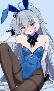 Rule 34 | 1girl, absurdres, animal ears, blue eyes, blue leotard, breasts, commentary request, detached collar, fake animal ears, female tyrant (stella sora), grey hair, highres, kano3, leotard, long hair, pantyhose, playboy bunny, pointy ears, rabbit ears, small breasts, solo, stella sora, tyrant (stella sora)