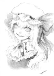 Rule 34 | 1girl, absurdres, artist name, chest jewel, collared shirt, fangs, fangs out, flandre scarlet, frilled hat, frilled neckerchief, frilled shirt, frilled shirt collar, frills, gem, greyscale, hair between eyes, hat, hat ornament, hat ribbon, heart, highres, johnalay, looking at viewer, medium hair, mob cap, monochrome, neckerchief, open mouth, portrait, ribbon, shirt, signature, simple background, smile, solo, tongue, touhou, traditional media, vampire, vest, white background, white shirt
