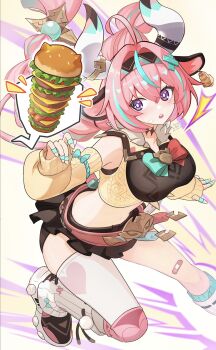 1girl ahoge animal_ears bandaid bandaid_on_leg belt bow braid breasts burger commentary_request cow_ears cow_horns detached_sleeves food genshin_impact hairband highres horns large_breasts midriff miniskirt navel okkobc pink_belt pink_hair purple_eyes single_thighhigh skirt thighhighs twin_braids varesa_(genshin_impact)