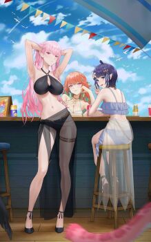 3girls arm_behind_head armpits ass bare_shoulders bikini bird black_bikini black_shoes black_wings blue_bikini blue_sky blurry blurry_foreground breasts can cloud cloudy_sky colored_inner_hair contrapposto counter cup day disposable_cup drink_can earrings feather_earrings feathered_wings feathers flower frilled_bikini frills full_body gold_thighlet green_hair hair_flower hair_ornament hand_in_own_hair highres hololive hololive_english jewelry kirachamo large_breasts looking_at_viewer looking_back mori_calliope mori_calliope_(holonatsu_paradise) multicolored_hair multiple_girls navel nerissa_ravencroft ninomae_ina&#039;nis ninomae_ina&#039;nis_(holonatsu_paradise) o-ring o-ring_top official_alternate_hairstyle on_stool open_mouth orange_hair out_of_frame panther_tail parted_lips pink_eyes pink_hair pointy_ears purple_eyes purple_hair raora_panthera sandals sarong see-through_clothes see-through_sarong shoe_soles shoes short_hair sitting sky smile smug standing streaked_hair string_of_flags swimsuit tail takanashi_kiara takanashi_kiara_(holonatsu_paradise) thighlet v virtual_youtuber white_flower wings wooden_floor