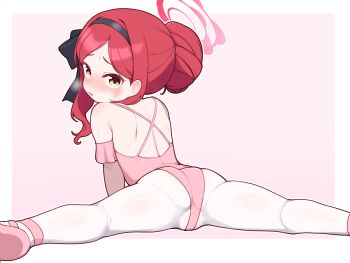 1girl ass athletic_leotard back blue_archive blush bow cameltoe hair_bow hairband halo leotard lk149 loli looking_at_viewer looking_back open_mouth pantyhose pink_background pink_leotard pink_shoes red_hair red_halo shoes solo split takane_(blue_archive) white_background