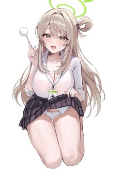 1girl absurdres blue_archive breasts brown_skirt cleavage clothes_lift commentary dress_shirt green_eyes green_halo hair_rings halo highres holding huge_breasts id_card lanyard light_blush long_hair mimikaki nez_(nez_0_0) nonomi_(blue_archive) open_mouth panties partially_unbuttoned plaid_clothes plaid_skirt seiza shirt shirt_tucked_in simple_background single_hair_ring sitting skirt skirt_lift sleeves_rolled_up small_sweatdrop solo underwear untranslatable_commentary white_background white_panties white_shirt