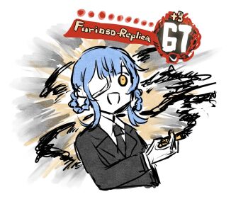 1girl 67_(meme) black_jacket blue_hair braid braided_hair_rings commentary_request cosplay gameplay_mechanics hair_rings holding holding_weapon index_(identity)_(project_moon) jacket lapels limbus_company mahou_shoujo_no_majo_saiban meme natch notched_lapels open_mouth project_moon sidelocks smile smoke solo tachibana_sherry upper_body weapon yellow_eyes yi_sang_(project_moon) yi_sang_(project_moon)_(cosplay)