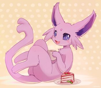 Rule 34 | :3, ancesra, animal focus, artist name, blush, brown background, cake, cake slice, cheesecake, coffee, colored sclera, cup, drink, espeon, fangs, food, forehead jewel, forked tail, from side, fruit, full body, gem, gen 2 pokemon, hand up, happy, highres, holding, holding cup, holding drink, leaning back, legs up, looking at viewer, mug, nintendo, no humans, open mouth, pink gemstone, plate, pokemon, pokemon (creature), polka dot, polka dot background, purple eyes, purple sclera, simple background, sitting, sketch, skin fangs, smile, solo, steam, strawberry, tail, watermark