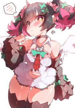 1girl absurdres angel angel_wings bare_shoulders black_choker black_hair black_sleeves blush choker clothing_cutout detached_sleeves highres looking_at_viewer multicolored_hair navel_cutout orange_eyes orcavice pink_hair rokudu_sariel solo spoken_blush thick_thighs thigh_gap thighs twintails two-tone_hair white_background wings zenless_zone_zero