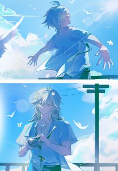 2boys antenna_hair arm_tattoo bird black_necktie blonde_hair blue_sky braid camera chest_tattoo collared_shirt facial_tattoo gradient_hair hashtag-only_commentary highres holding holding_camera honkai:_star_rail honkai_(series) male_focus medium_hair multicolored_hair multiple_boys mydei_(honkai:_star_rail) necktie phainon_(honkai:_star_rail) red_hair red_tattoo saninoring school_uniform shirt short_hair side_braid sky taking_picture tattoo white_hair white_shirt yellow_eyes