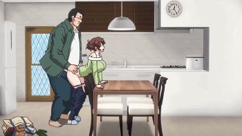 10s 1boy 1girl 2017 animated animated_gif anime_screenshot arm_support bag barefoot bent_over black_hair blue_pants bouncing_breasts breasts brown_hair chair cheating_(relationship) clock closed_eyes clothed_sex clothes_pull denim doggystyle door fat fat_man feet food from_behind from_side full_body glasses green_sweater hair_bun hands_on_another's_hips highres indoors inseki jeans jitaku_keibiin katsuragi_shouko large_breasts long_sleeves looping_animation mature_female mature_male off-shoulder_sweater off_shoulder open_mouth pale_skin panties panties_around_leg pants panty_pull purple_panties refrigerator sex sex_from_behind shopping_bag short_hair single_hair_bun size_difference slippers standing standing_sex stepmother_and_stepson suzuki_mirano sweater table underwear vaginal wall_clock