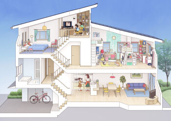 2boys 4girls absurdly_detailed_composition age_difference bent_over blush breasts computer cross-section hetero highres house kiyo_(kyokyo1220) loaded_interior loli multiple_boys multiple_girls nude screen sex shota tagme watching x-ray