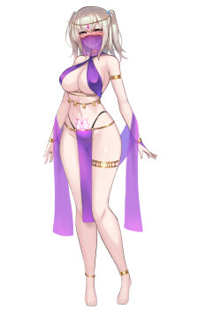 1girl amahara_kuon anklet arabian_clothes armlet bare_shoulders barefoot blonde_hair blush bracelet breasts bridal_gauntlets circlet cleavage closed_mouth dancer full_body groin hair_ornament halterneck harem_outfit heart heart_tattoo highleg highleg_panties highres jewelry kutan large_breasts large_variant_set legs long_hair looking_at_viewer mouth_veil navel original panties pelvic_curtain pubic_tattoo revealing_clothes see-through_clothes simple_background smile solo standing tachi-e tattoo thighlet thighs transparent_background twintails two_side_up underwear variant_set veil white_background yellow_eyes