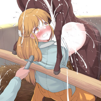 1girl 2boys animal_penis bar_censor bestiality blush breasts breasts_out brown_eyes brown_hair censored clothed_sex crying crying_with_eyes_open cum cum_on_body cum_on_breasts cum_on_upper_body horse horse_penis huge_breasts interspecies large_penis long_hair multiple_boys nipples open_mouth original paizuri paizuri_under_clothes penis pt sex tears testicles