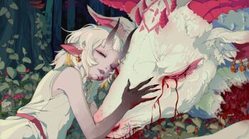 1girl animal animal_request artist_self-insert bad_tag bleeding blood blood_from_mouth bloody_tears blunt_bangs braid closed_eyes colored_extremities cowboy_shot double-parted_bangs exposed_muscle fingernails headpat highres horns long_fingernails mushroom original outdoors plant pointy_ears tears tongue tongue_out tree tunic vines white_hair white_tunic wormudon