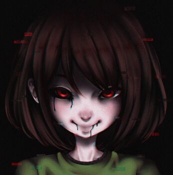 androgynous black_blood black_sclera blood brown_hair chara_(undertale) close-up colored_blood colored_sclera glitch green_shirt liquid looking_at_viewer portrait red_eyes shirt short_hair smile smirk solo spoilers static undertale utdr_(toby_fox) wiki234
