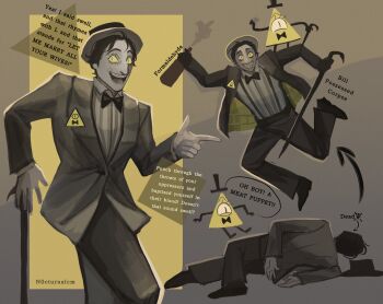 Rule 34 | 1other, bill cipher, black coat, bow, bowtie, cane, coat, colored sclera, commentary, dual persona, english commentary, english text, fedora, floating, full body, gravity falls, grin, hat, highres, holding, holding cane, looking at viewer, n0cturnalcm, personification, slit pupils, smile, striped clothes, striped vest, vest, yellow sclera