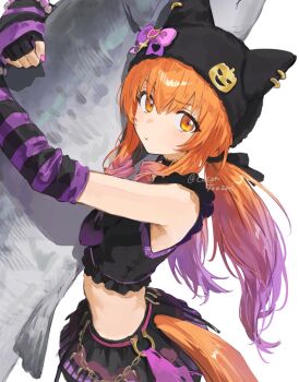 1girl animal animal_ears black_hat black_shirt black_skirt blush cocontoozai commentary_request fish hair_between_eyes hat highres holding holding_animal holding_fish horse_girl horse_tail long_hair looking_at_viewer low_ponytail mayano_top_gun_(rockin&#039;_mewmeow)_(umamusume) mayano_top_gun_(umamusume) official_alternate_costume official_alternate_hairstyle orange_eyes orange_hair ponytail pout purple_arm_warmers purple_nails revision shirt skirt sleeveless sleeveless_shirt solo striped_arm_warmers tail umamusume