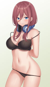 1girl absurdres arms_behind_back black_panties blue_eyes blush bra bra_pull breasts brown_hair clothes_pull embarrassed go-toubun_no_hanayome hair_between_eyes headphones headphones_around_neck highres large_breasts long_hair looking_at_viewer nakano_miku open_mouth panties panty_pull simple_background solo strap_slip underwear underwear_only vodka13