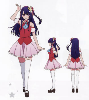 1girl :p absurdres black_shoes blush detached_sleeves dress frills gloves hair_ornament highres hoshino_ai idol idol_clothes long_hair looking_at_viewer non-web_source official_art oshi_no_ko pink_dress pink_skirt purple_eyes purple_hair rabbit_hair_ornament reference_sheet ribbon scan self-scan shoes side_ponytail sidelocks skirt smile socks solo star-shaped_pupils star_(symbol) symbol-shaped_pupils thighhighs tongue tongue_out white_socks white_thighhighs