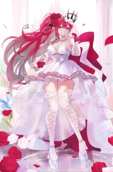 1girl absurdres baobhan_sith_(fate) bare_shoulders blush breasts cleavage dress fate/grand_order fate_(series) full_body grey_eyes high_heels highres klash large_breasts long_hair looking_at_viewer pink_hair platform_heels pointy_ears sidelocks smile solo white_dress
