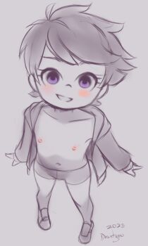 1girl 2025 20s bike_shorts blush collarbone drantyno flat_chest from_above jacket loli long_sleeves looking_at_viewer monochrome navel nipples open_clothes open_jacket open_mouth original purple_eyes shoes short_hair sketch smile standing