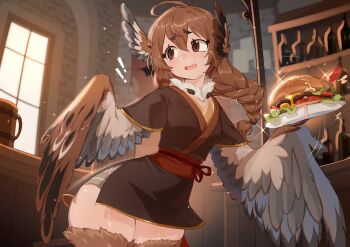 Rule 34 | !, !!, 1girl, absurdres, ahoge, bird legs, blush, braid, brown feathers, brown hair, brown wings, burger, commentary, english commentary, fang, feathered wings, feathers, food, hair between eyes, harpy, head wings, highres, holding, holding tray, indoors, long hair, monster girl, neck feathers, niniidawns, olette (niniidawns), open mouth, original, single braid, solo, tankard, tavern, thighs, tray, wide hips, window, wing ears, winged arms, wings