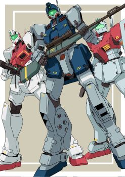 Rule 34 | assault rifle, assault visor, earth federation, gm (mobile suit), gm command, gm command space type, gm sniper ii, goru (glty07), green visor, gun, gundam, gundam 0080, highres, holding, holding gun, holding shield, holding weapon, mecha, mecha focus, mobile suit, no humans, rifle, robot, science fiction, shield, sniper rifle, standing, weapon