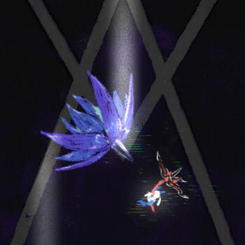 black_flower candle_(allotas) dark floating floette floette_(eternal) flower from_side full_body gen_6_pokemon glimmora glitch holding holding_flower light_rays nintendo pokemon pokemon_(creature) pokemon_legends:_z-a purple_background