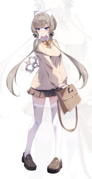 1girl absurdres alternate_costume bag blue_eyes bow bowtie brown_bag brown_cardigan brown_hair brown_shoes brown_skirt cardigan character_charm charm_(object) columbina_(genshin_impact) commentary elphe full_body genshin_impact hair_bow highres holding holding_bag long_sleeves parted_lips pleated_skirt sandrone_(genshin_impact) school_bag school_uniform shoes short_hair_with_long_locks signature skirt skirt_peek solo standing thighhighs white_bow white_thighhighs winding_key yellow_bow yellow_bowtie zoom_layer