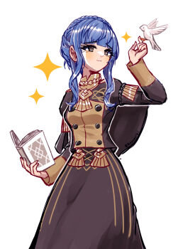 1girl animal bird blue_hair book braid breasts brown_eyes buttons closed_mouth commentary crown_braid dove english_commentary fire_emblem fire_emblem:_three_houses garreg_mach_monastery_uniform holding holding_book kamaniki long_sleeves marianne_von_edmund medium_breasts nintendo open_book short_hair sidelocks simple_background solo twitter_username white_background