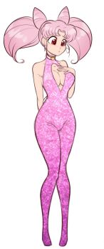 1girl aged_up bishoujo_senshi_sailor_moon breasts chibi_usa choker cleavage cleavage_cutout clothing_cutout collarbone commentary cone_hair_bun double_bun english_commentary hair_bun heart heart_choker highres jewelry medium_hair parted_bangs pink_choker pink_hair pink_unitard red_eyes scorpdk solo twintails