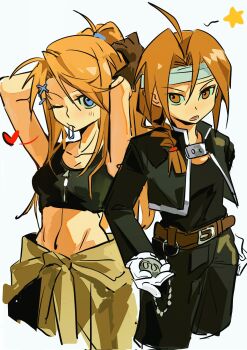 Rule 34 | 1boy, 1girl, ahoge, arms behind head, bailanlam, bandaged head, bandages, belt, black jacket, black pants, black shirt, blue eyes, braid, breasts, brown belt, commentary, cowboy shot, crop top, edward elric, fullmetal alchemist, gloves, hair between eyes, hair ornament, hair over one eye, hair tie in mouth, hairclip, hands in own hair, highres, holding, holding pocket watch, jacket, jumpsuit, jumpsuit around waist, light blush, medium breasts, midriff, military uniform, mouth hold, navel, one eye closed, pants, parted bangs, parted lips, pocket watch, ponytail, shirt, single braid, swept bangs, untranslatable commentary, watch, white background, white gloves, winry rockbell, x hair ornament, yellow eyes