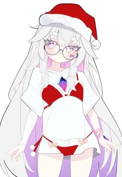 Rule 34 | 1girl, absurdres, berrychan00, bikini print, bracelet, chest jewel, colored inner hair, commentary, cowboy shot, english commentary, fur-trimmed headwear, fur trim, grey hair, hat, highres, hololive, hololive english, jewelry, koseki bijou, long hair, looking at viewer, multicolored hair, pink hair, pom pom (clothes), print shirt, purple eyes, round eyewear, santa hat, shirt, simple background, solo, very long hair, virtual youtuber, white background, white shirt