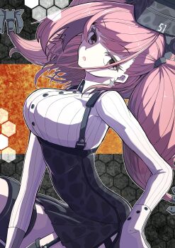1girl absurdres anchor_hair_ornament arched_back atlanta_(kancolle) black_hat boushi-ya breasts brown_hair collared_shirt commentary_request cowboy_shot dress_shirt earrings garrison_cap grey_eyes hair_ornament hat high-waist_skirt highres honeycomb_(pattern) honeycomb_background jewelry kantai_collection large_breasts shirt single_earring skirt solo star_(symbol) star_earrings striped_clothes striped_shirt suspender_skirt suspenders two_side_up white_shirt