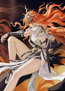 Rule 34 | 1girl, absurdres, ancient greek clothes, augusta (wuthering waves), breasts, chinese commentary, cleavage, closed mouth, commentary request, earrings, floating hair, greatsword, greco-roman clothes, headgear, highres, holding, holding sword, holding weapon, jewelry, knee up, large breasts, looking at viewer, orange eyes, orange hair, ring, sandals, sideboob, solo, sun earrings, sword, weapon, wrist guards, wuthering waves, ye banxian