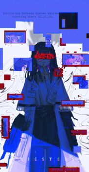 4girls absurdres amiya_(arknights) arknights artist_name black_hair black_hairband character_name chromatic_aberration closed_mouth coat commentary covered_eyes english_commentary finger_to_mouth glitch hairband highres kal&#039;tsit_(arknights) lab_coat long_sleeves medium_hair mixed-language_commentary multiple_girls open_clothes open_coat priestess_(arknights) prts_logo_(arknights) sakiyo skirt smile standing surreal sweater theresa_(arknights) turtleneck turtleneck_sweater