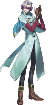 1boy ankle_boots blindfold boots brown_boots brown_gloves code_geass code_geass:_genesic_re;code colored_blindfold full_body gloves grey_hair highres looking_at_viewer male_focus mao_(code_geass) motion_lines official_art parody pointing simple_background solo transparent_background walking